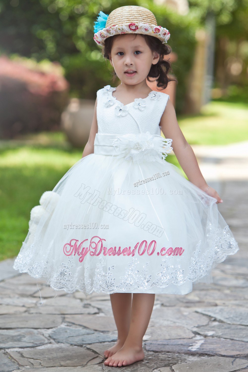 White Ball Gown V-neck Tea-length Taffeta and Organza Hand Made Flowers and Beading Flower Girl Dress