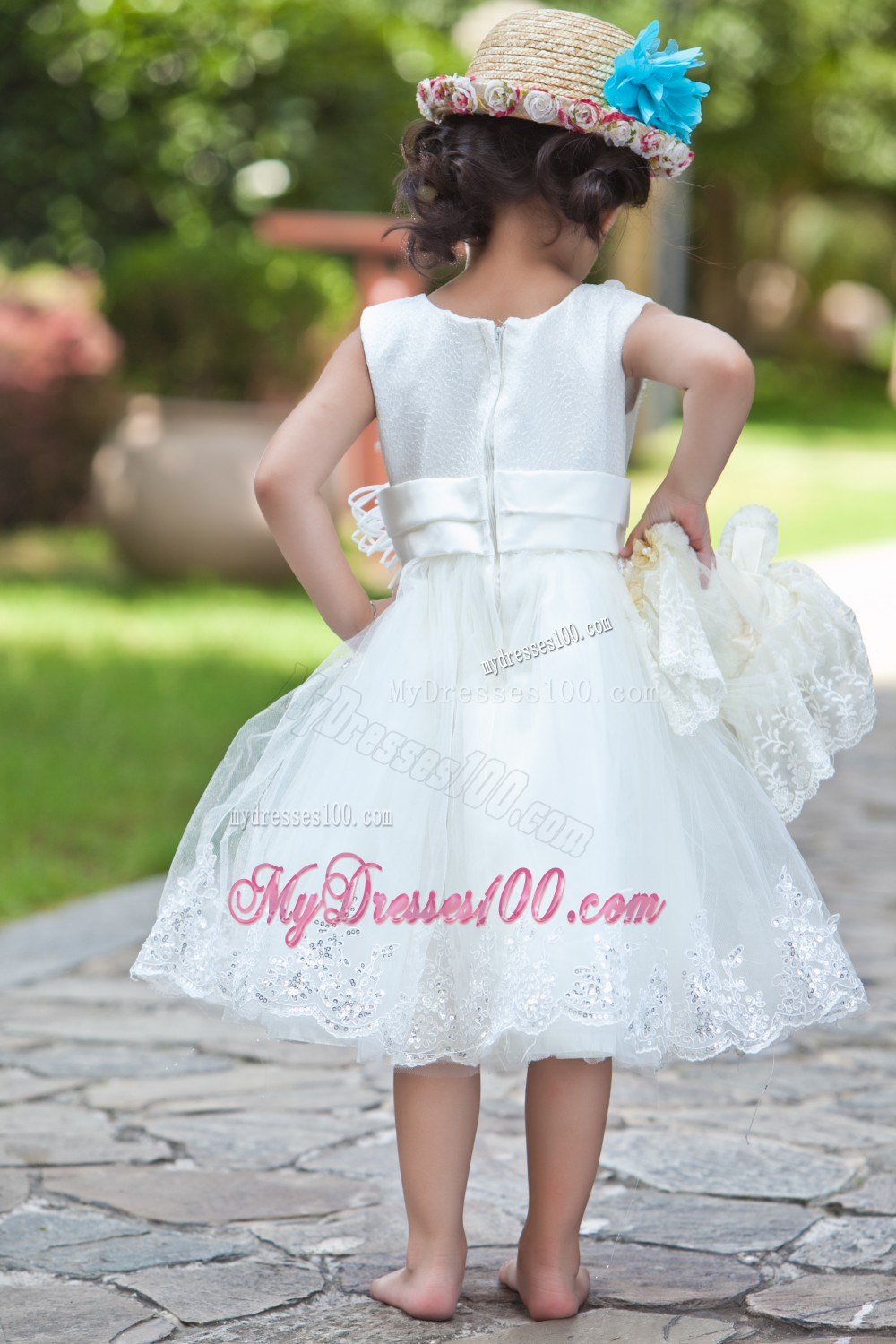 White Ball Gown V-neck Tea-length Taffeta and Organza Hand Made Flowers and Beading Flower Girl Dress