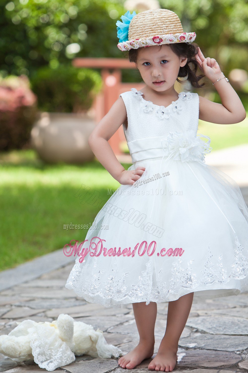 White Ball Gown V-neck Tea-length Taffeta and Organza Hand Made Flowers and Beading Flower Girl Dress