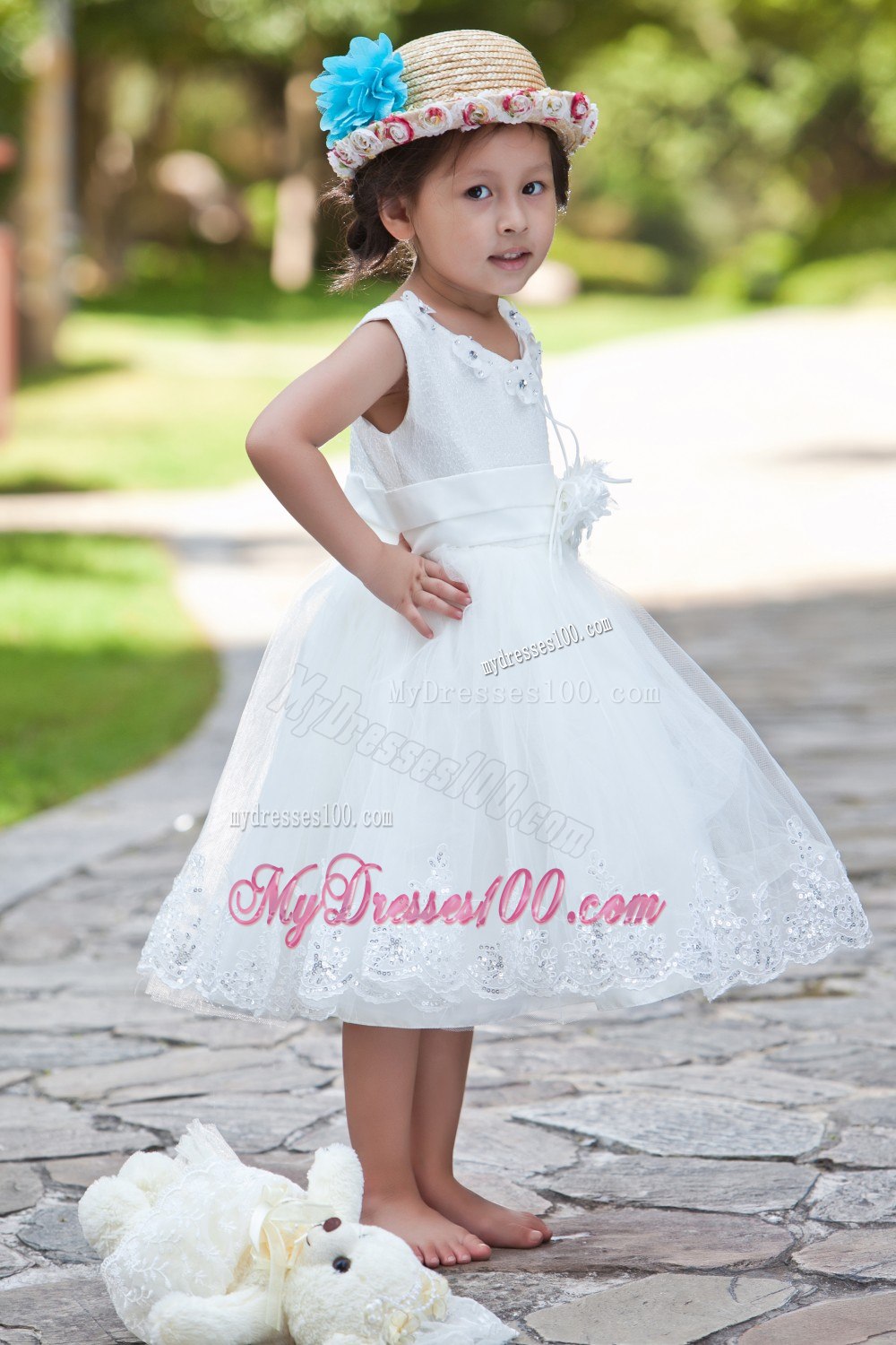 White Ball Gown V-neck Tea-length Taffeta and Organza Hand Made Flowers and Beading Flower Girl Dress