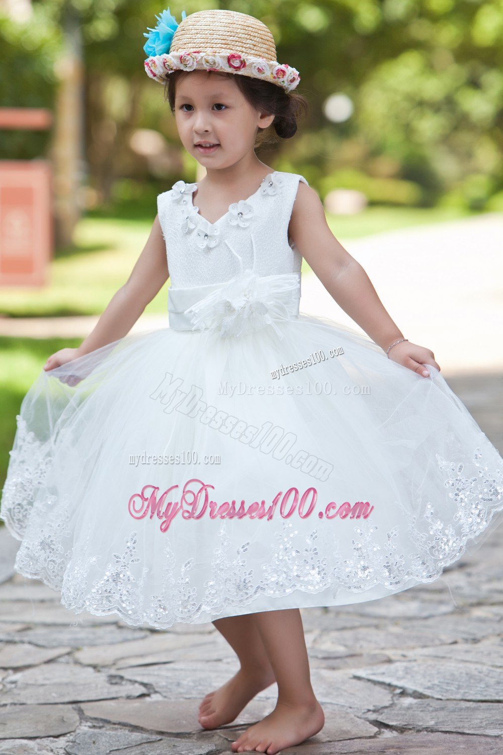 White Ball Gown V-neck Tea-length Taffeta and Organza Hand Made Flowers and Beading Flower Girl Dress