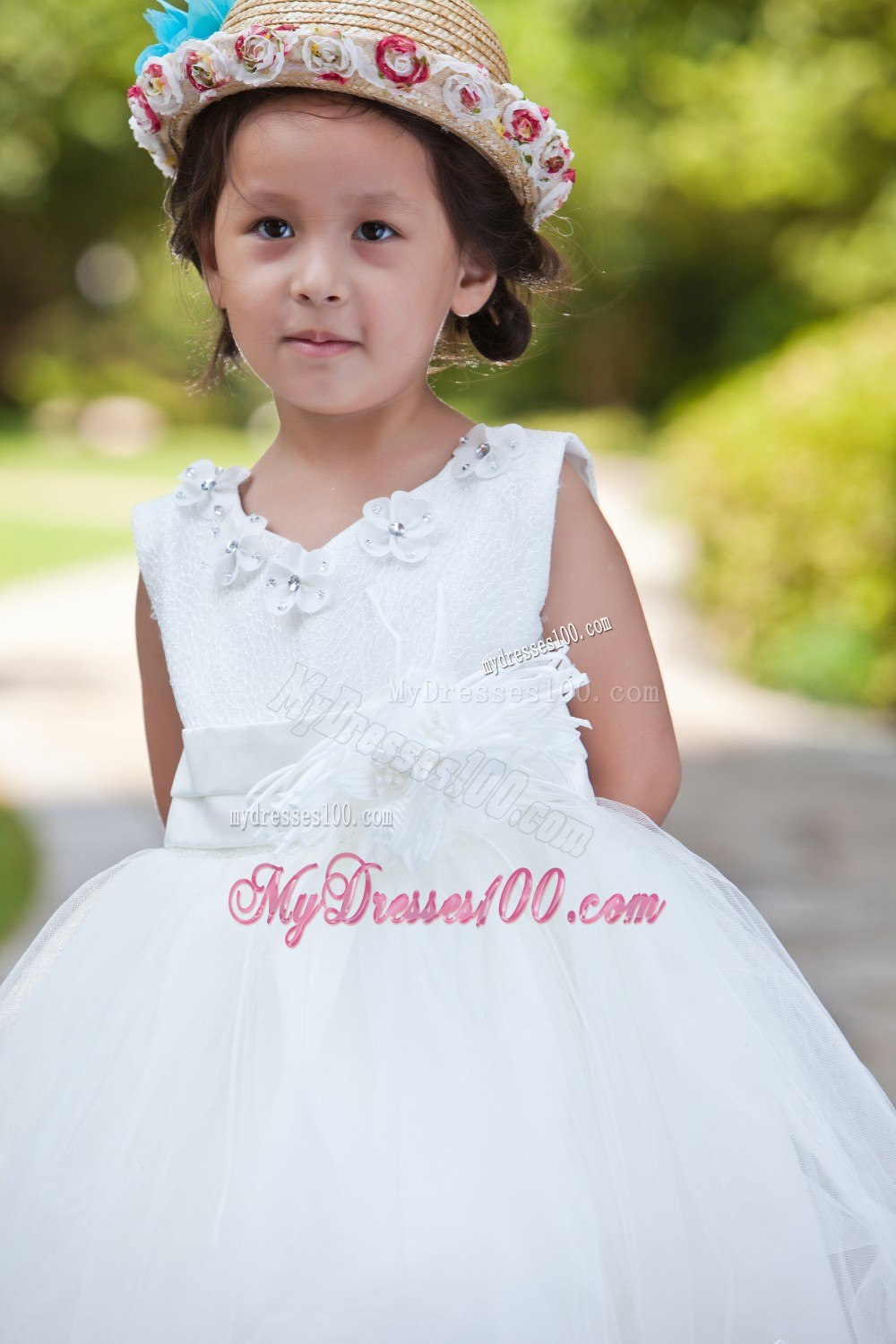 White Ball Gown V-neck Tea-length Taffeta and Organza Hand Made Flowers and Beading Flower Girl Dress