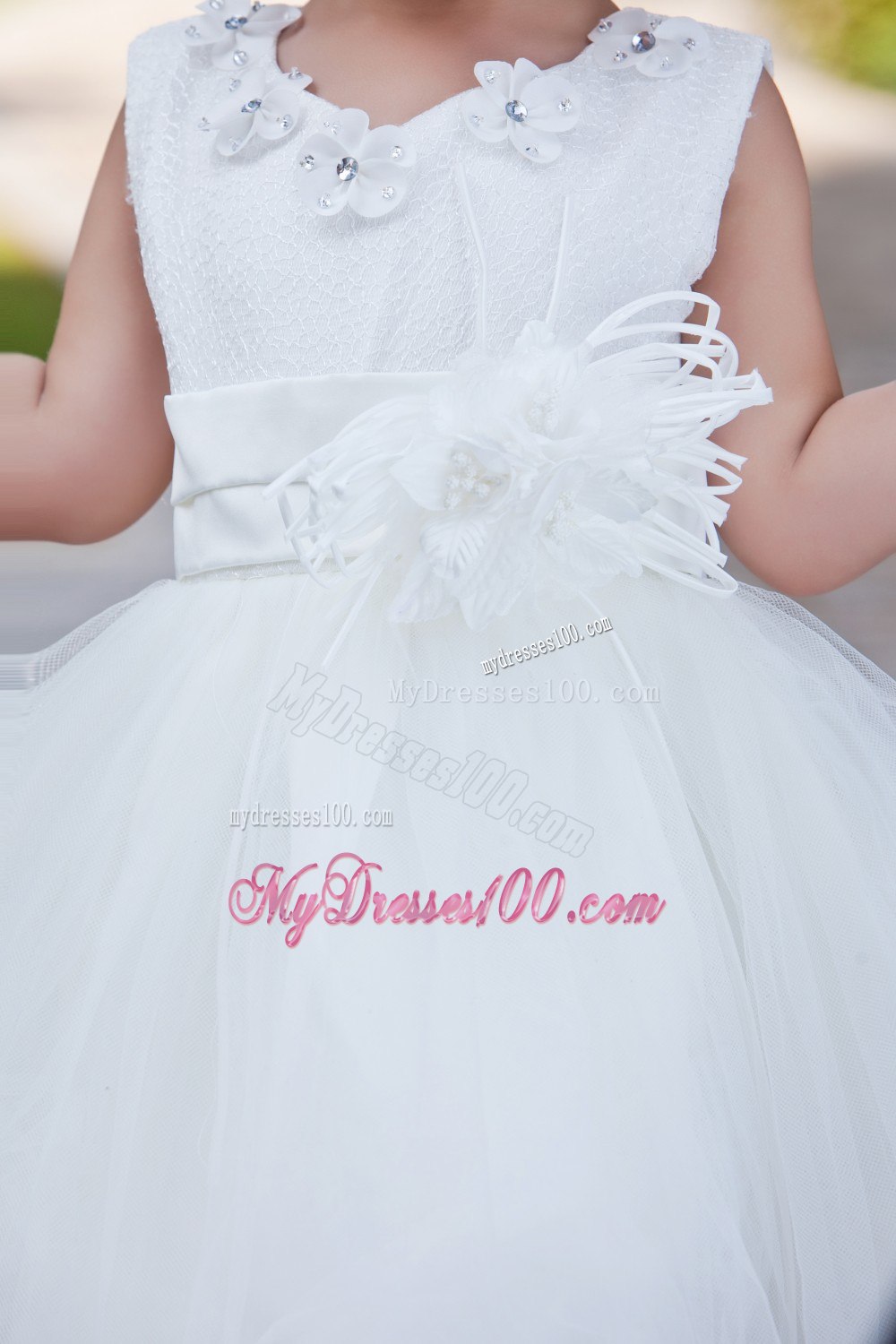 White Ball Gown V-neck Tea-length Taffeta and Organza Hand Made Flowers and Beading Flower Girl Dress