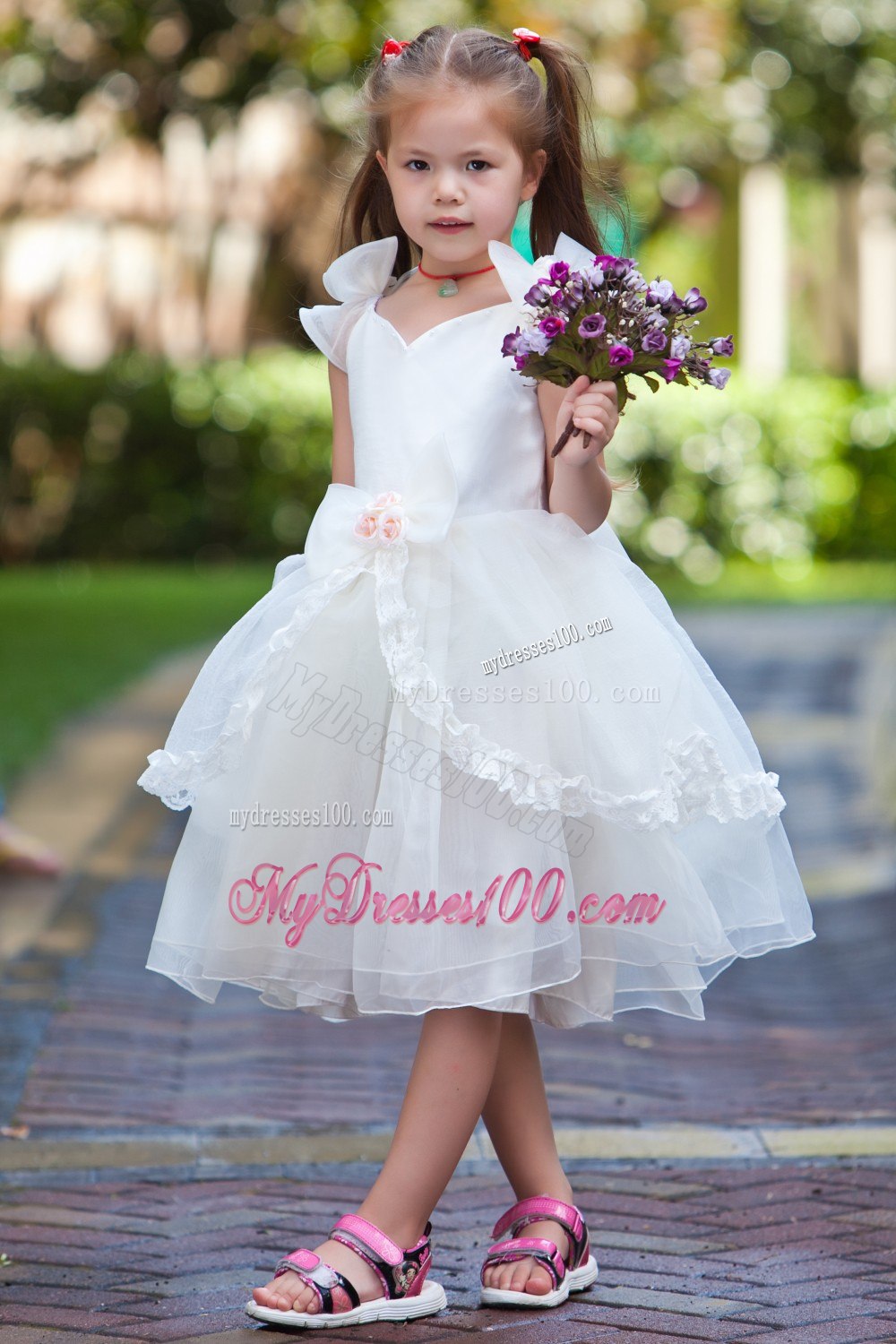 White Ball Gown V-neck Tea-length TaffetaOrganza Hand Made Flowers Flower Girl Dress
