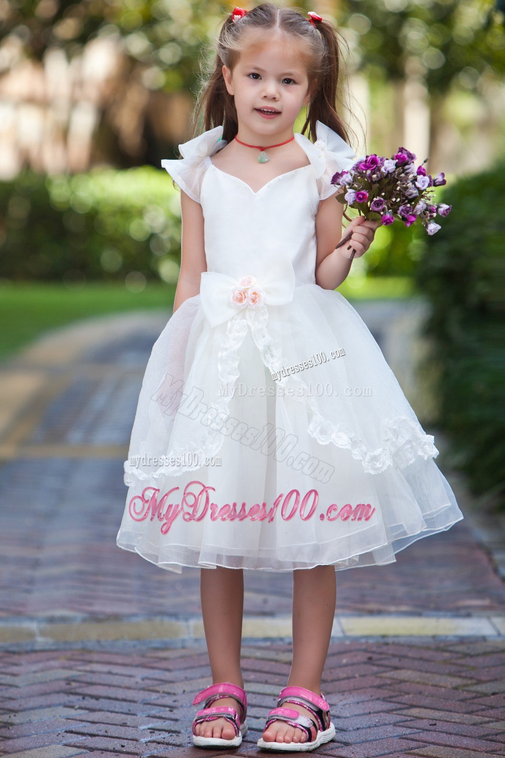 White Ball Gown V-neck Tea-length TaffetaOrganza Hand Made Flowers Flower Girl Dress