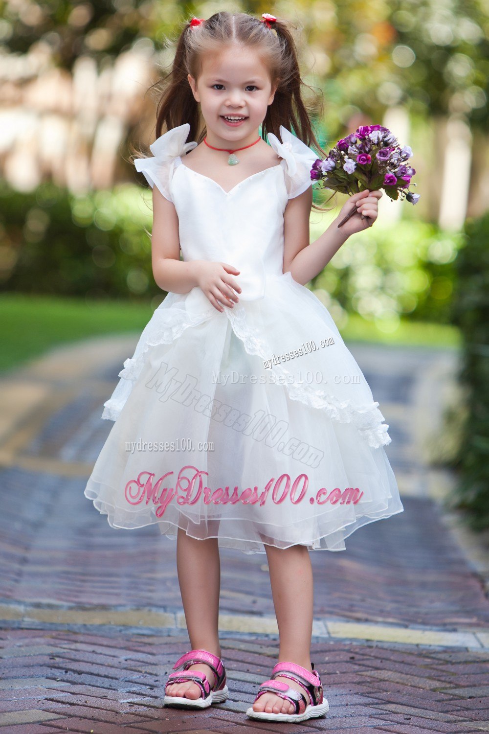 White Ball Gown V-neck Tea-length TaffetaOrganza Hand Made Flowers Flower Girl Dress
