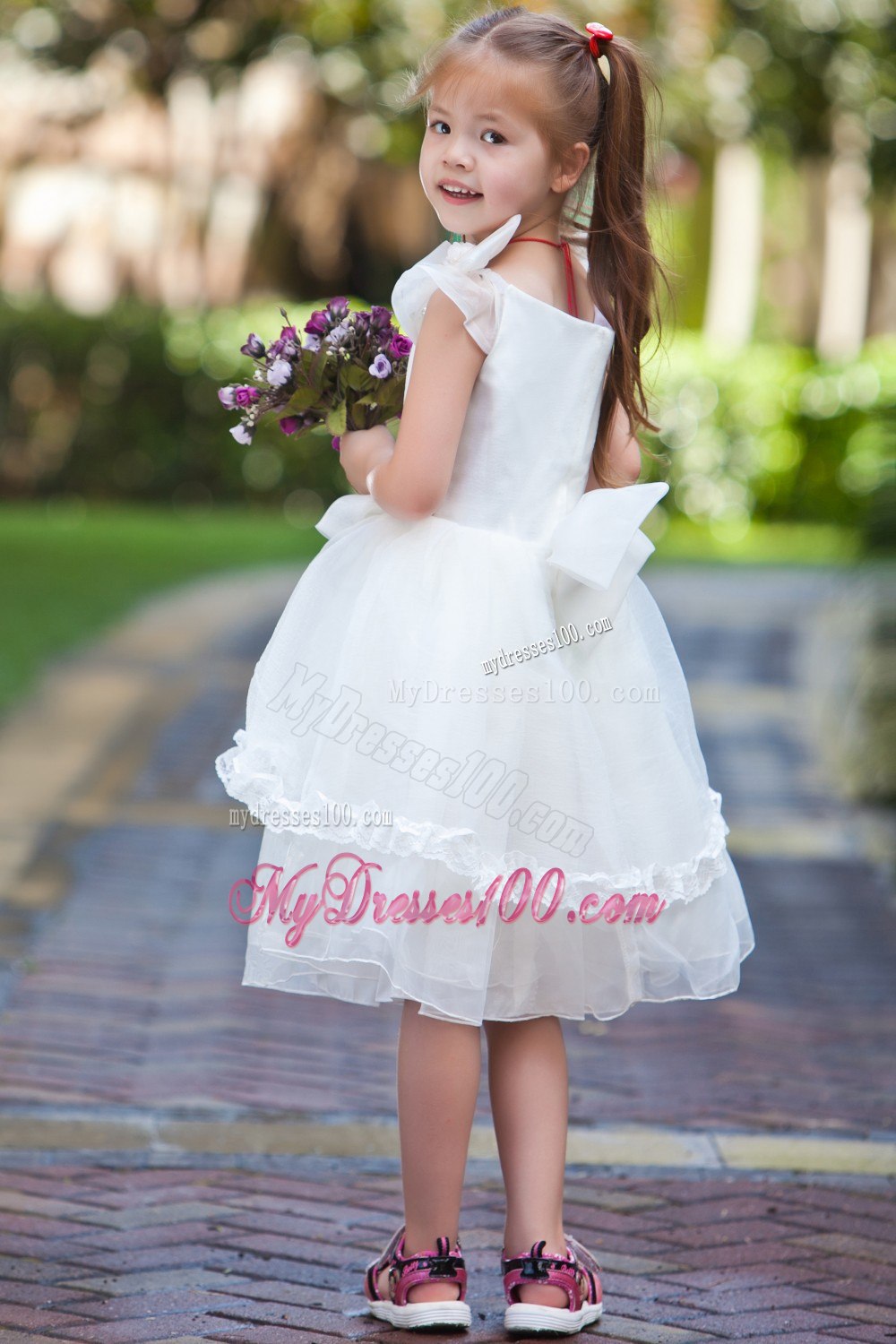 White Ball Gown V-neck Tea-length TaffetaOrganza Hand Made Flowers Flower Girl Dress