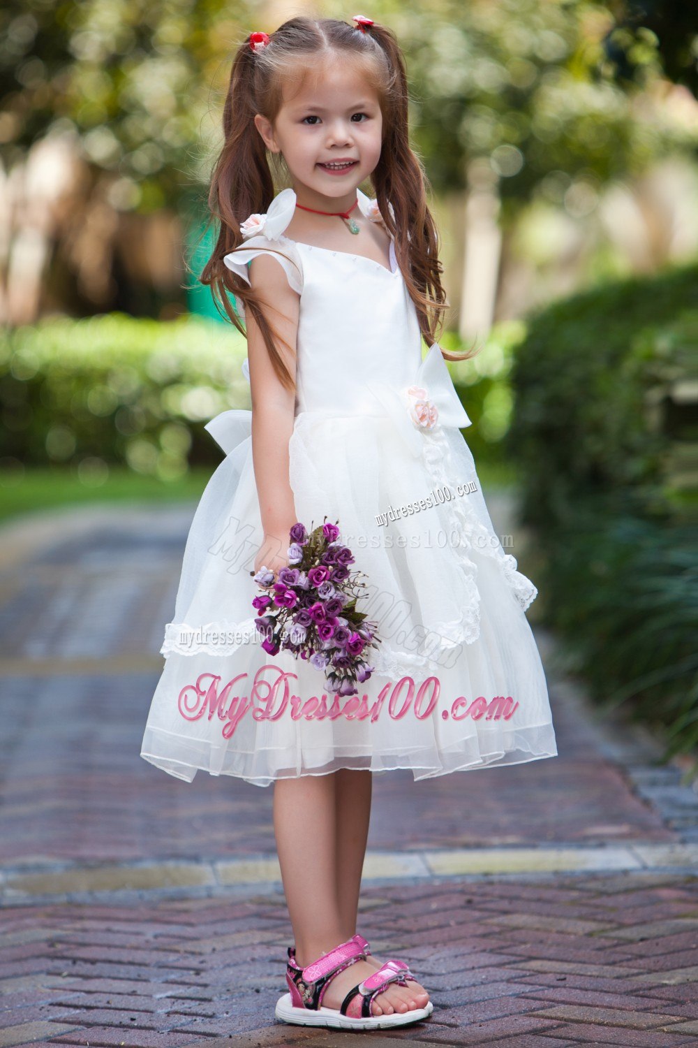 White Ball Gown V-neck Tea-length TaffetaOrganza Hand Made Flowers Flower Girl Dress