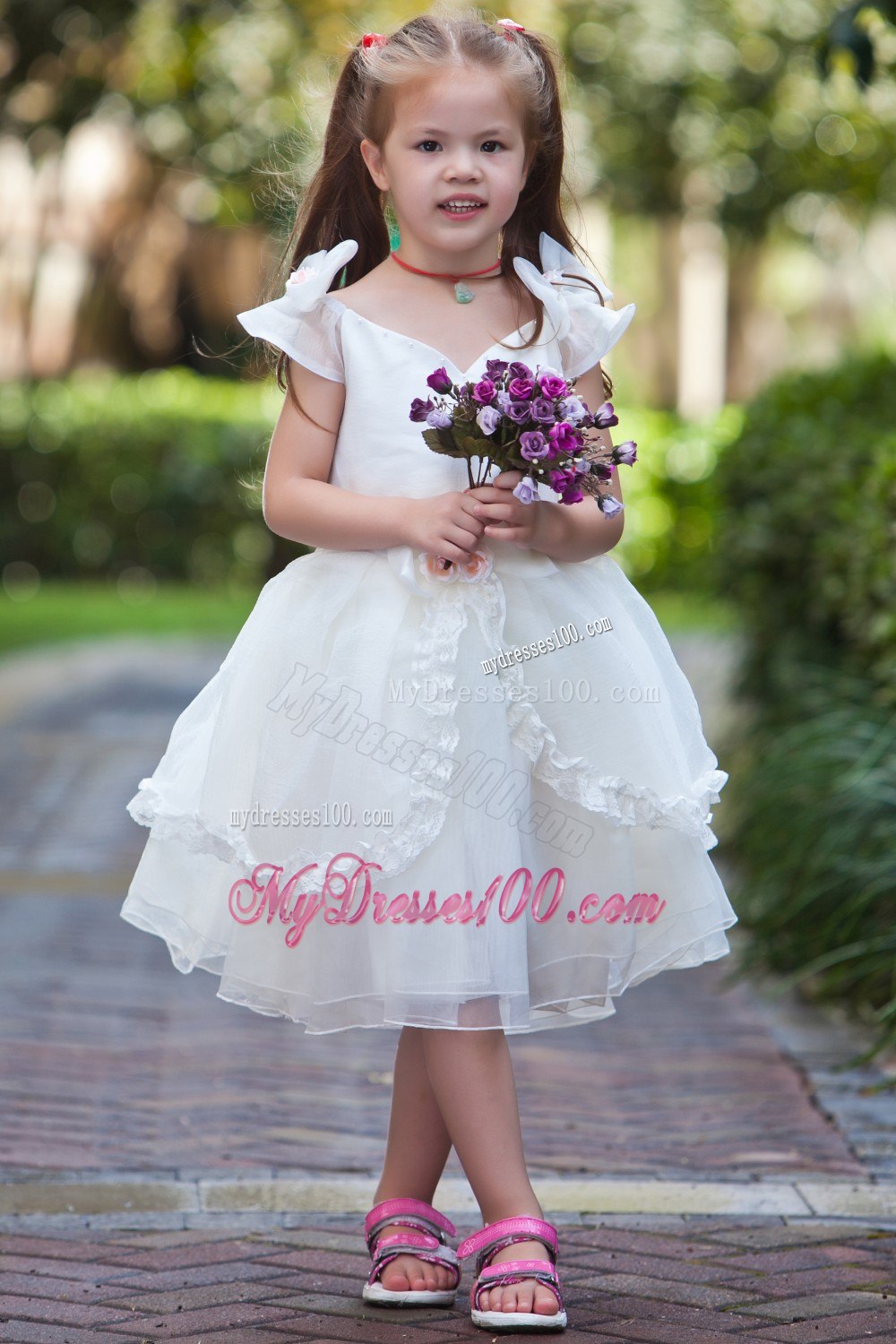 White Ball Gown V-neck Tea-length TaffetaOrganza Hand Made Flowers Flower Girl Dress