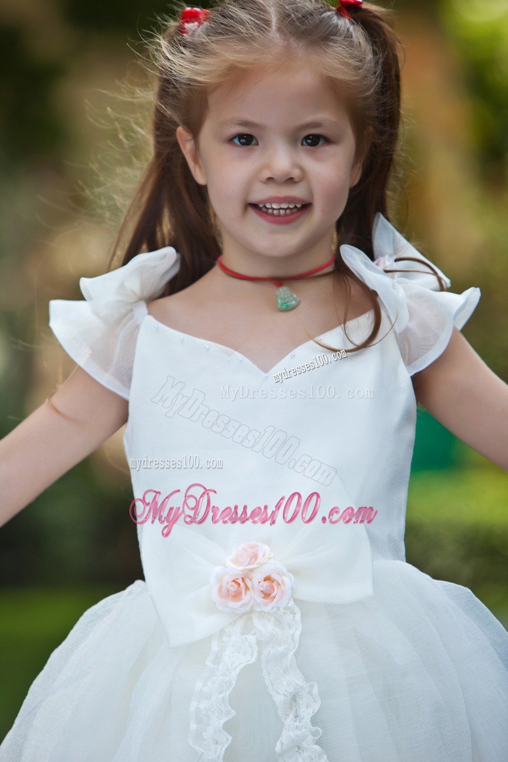 White Ball Gown V-neck Tea-length TaffetaOrganza Hand Made Flowers Flower Girl Dress