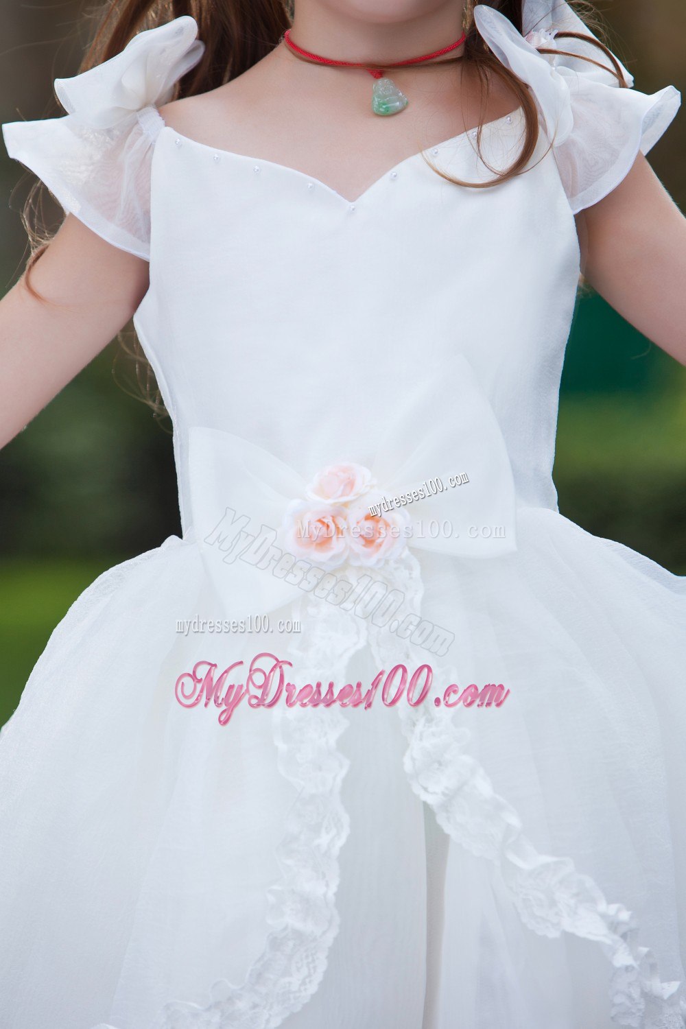 White Ball Gown V-neck Tea-length TaffetaOrganza Hand Made Flowers Flower Girl Dress