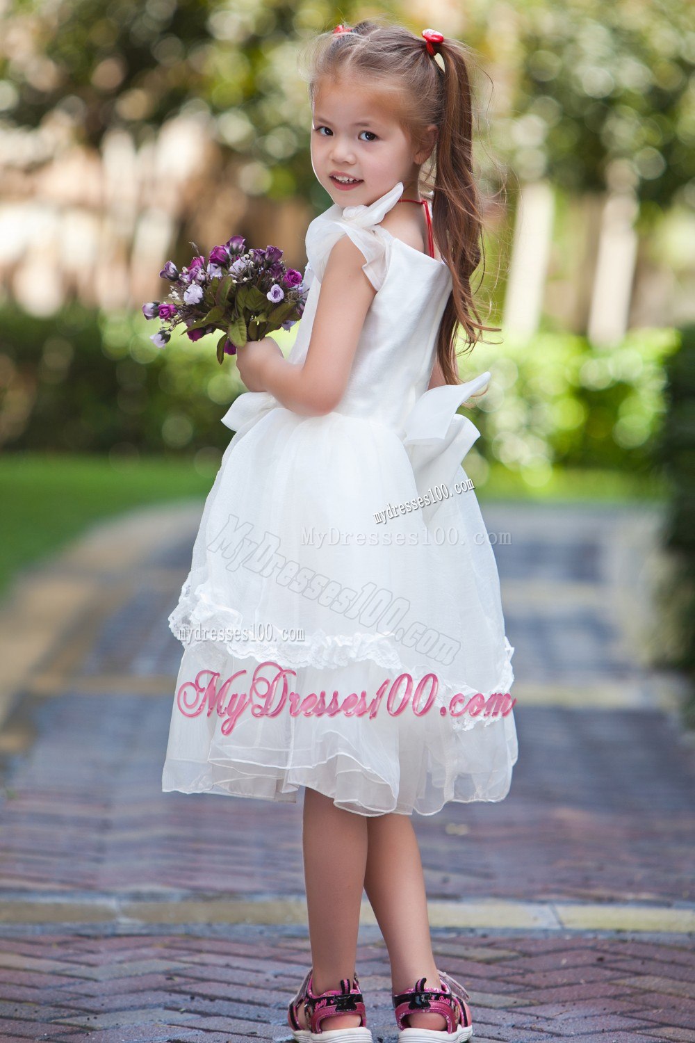 White Ball Gown V-neck Tea-length TaffetaOrganza Hand Made Flowers Flower Girl Dress