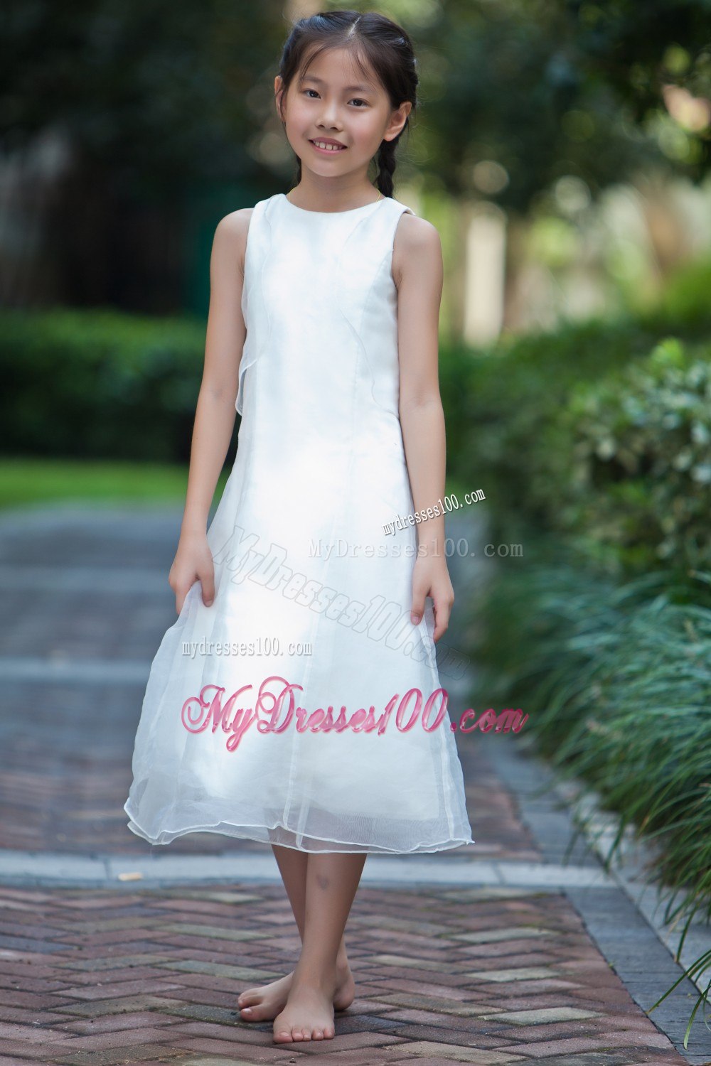 White Column / Sheath Scoop Tea-length Organza and Taffeta Flower Girl Dress