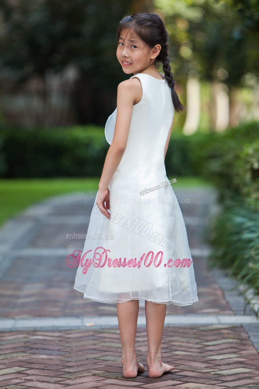 White Column / Sheath Scoop Tea-length Organza and Taffeta Flower Girl Dress