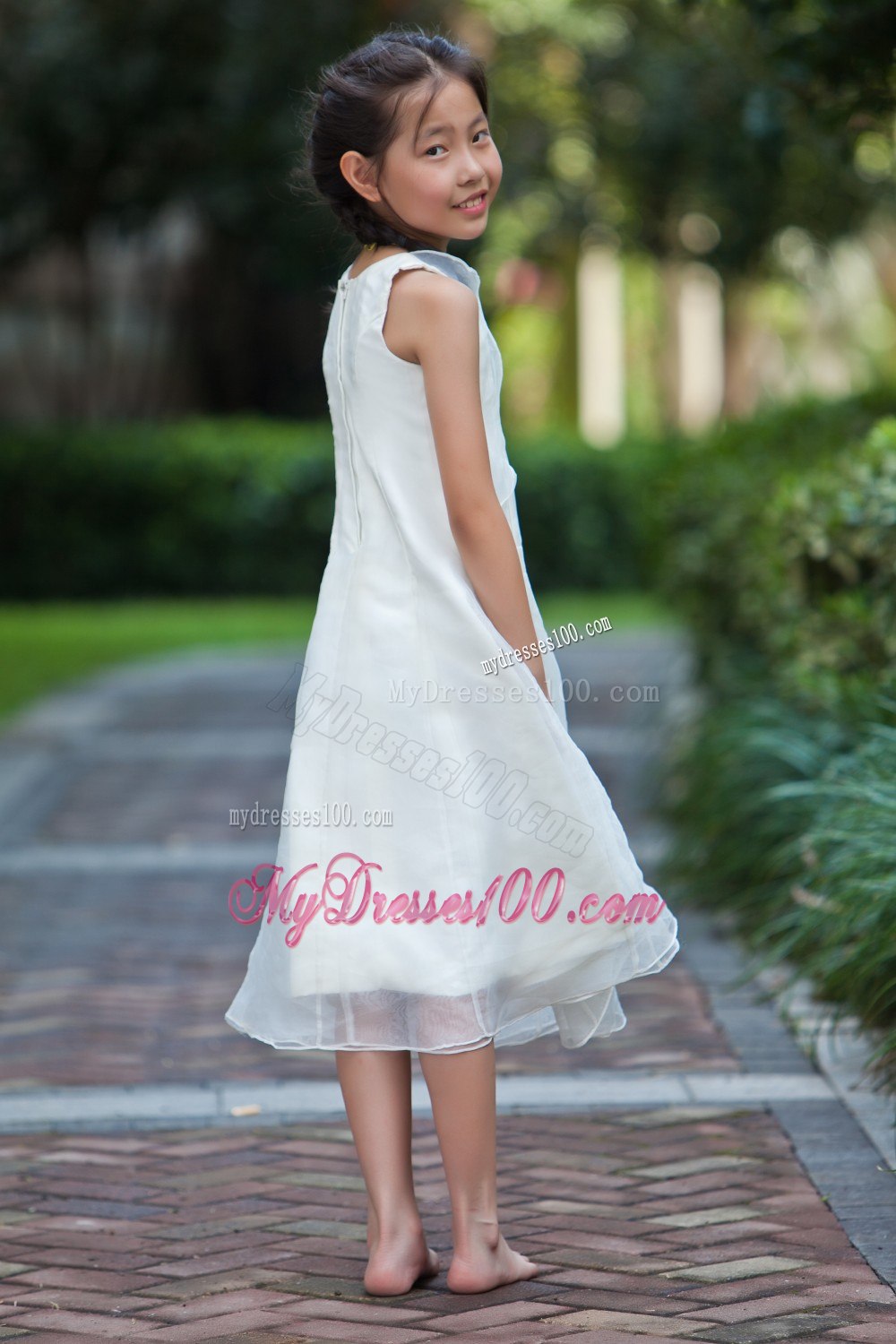 White Column / Sheath Scoop Tea-length Organza and Taffeta Flower Girl Dress