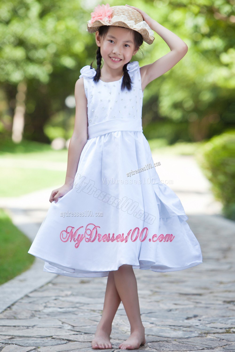 White Column / Sheath Scoop Tea-length Satin Hand Made Flowers Beading Flower Girl Dress