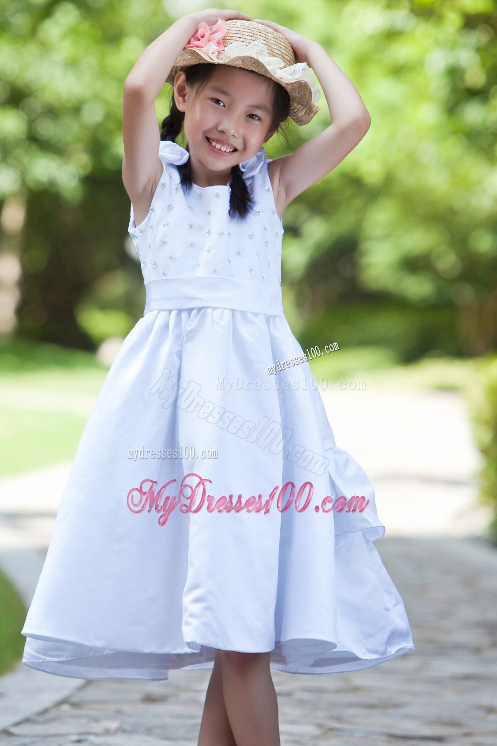 White Column / Sheath Scoop Tea-length Satin Hand Made Flowers Beading Flower Girl Dress