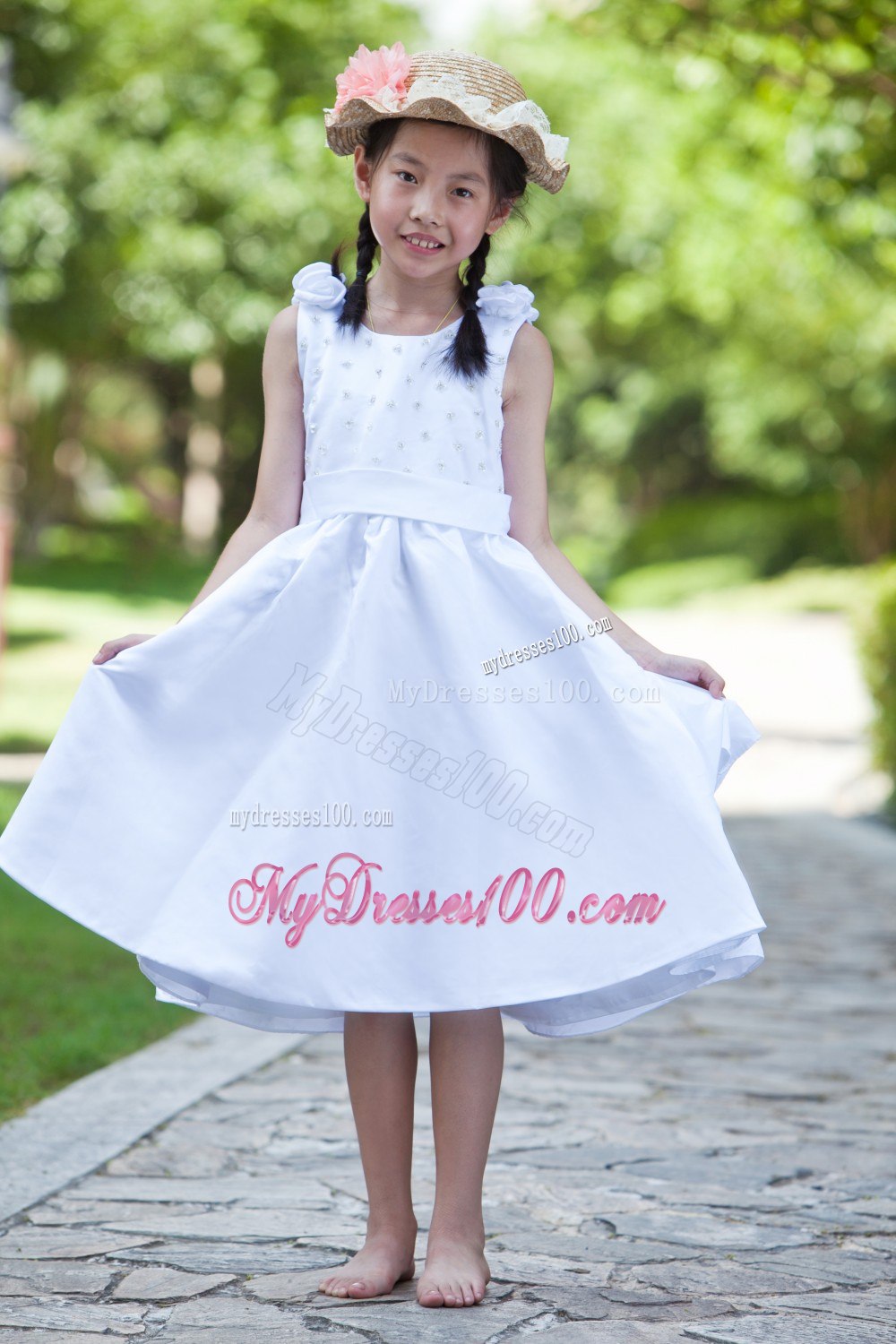 White Column / Sheath Scoop Tea-length Satin Hand Made Flowers Beading Flower Girl Dress