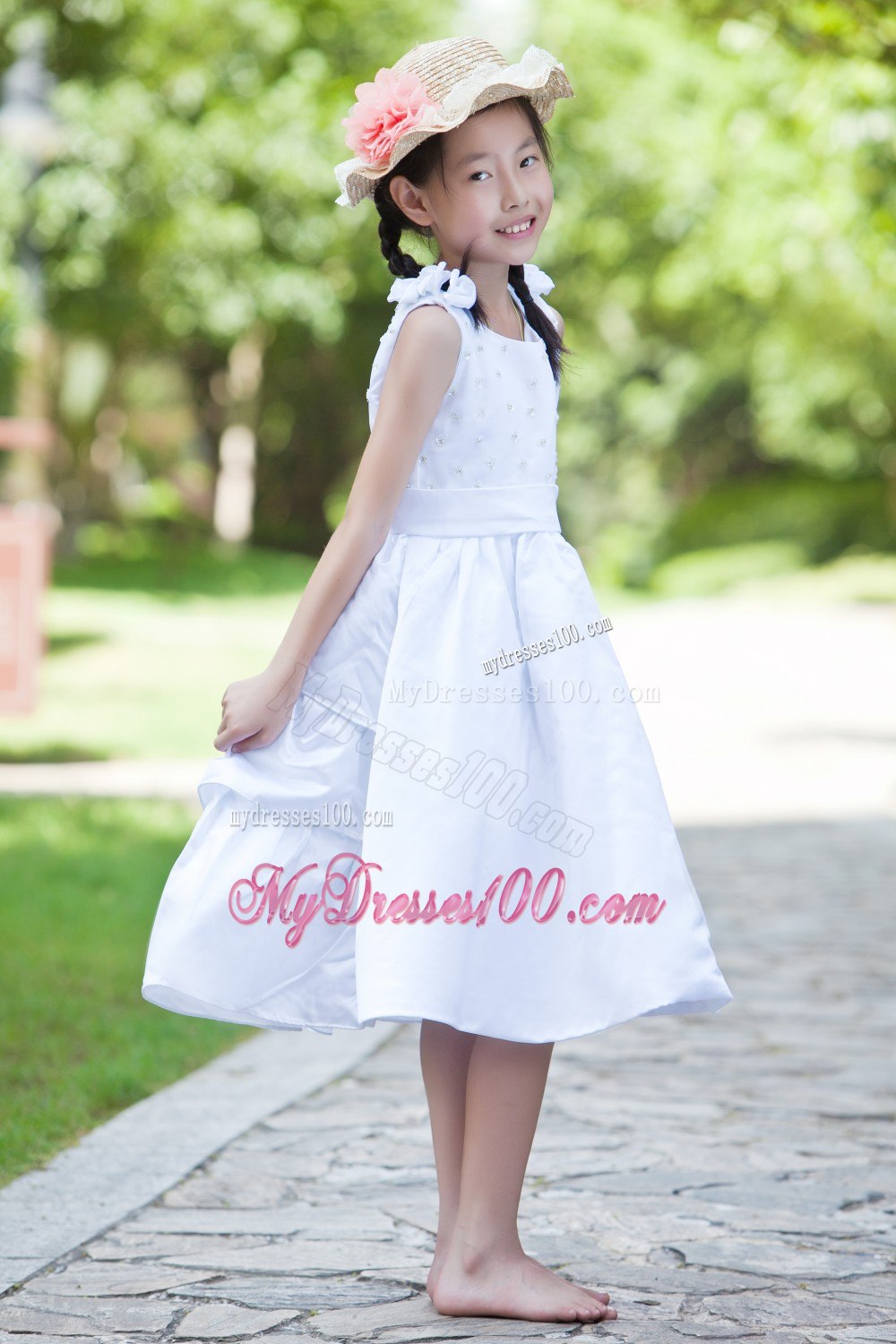 White Column / Sheath Scoop Tea-length Satin Hand Made Flowers Beading Flower Girl Dress