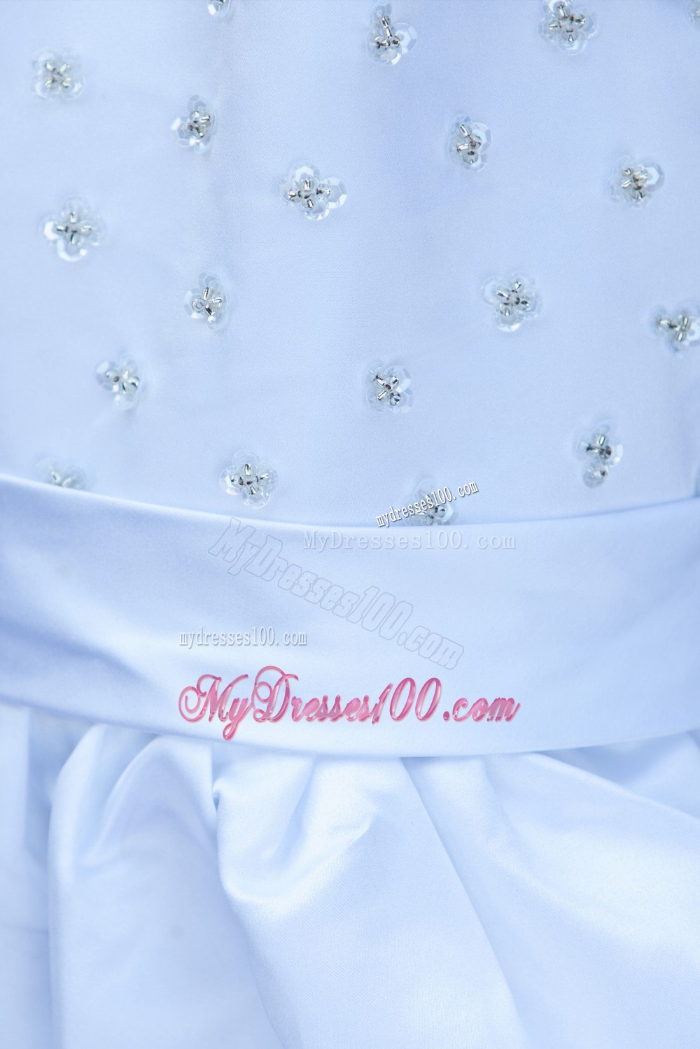 White Column / Sheath Scoop Tea-length Satin Hand Made Flowers Beading Flower Girl Dress