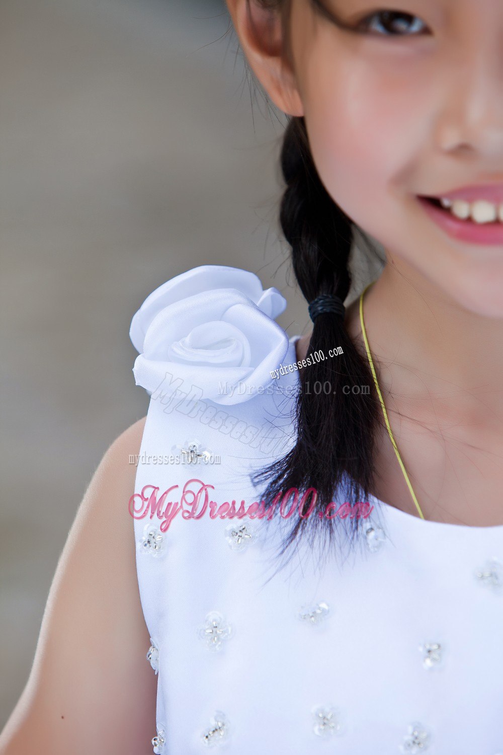 White Column / Sheath Scoop Tea-length Satin Hand Made Flowers Beading Flower Girl Dress