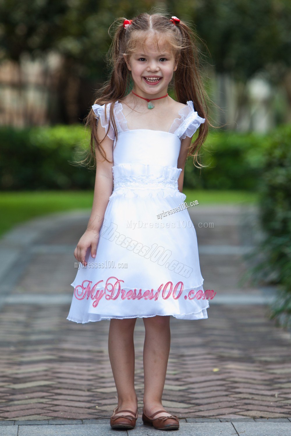 White Column / Sheath Straps Knee-length Taffeta and Organza Beading and Ruffles Flower Girl Dress