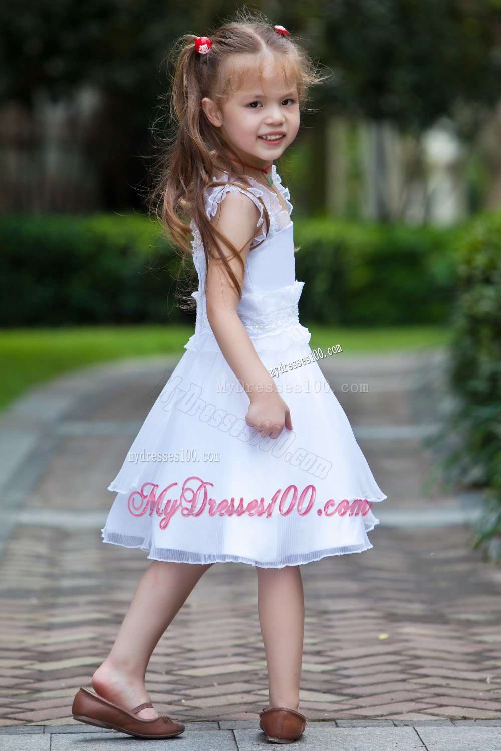 White Column / Sheath Straps Knee-length Taffeta and Organza Beading and Ruffles Flower Girl Dress