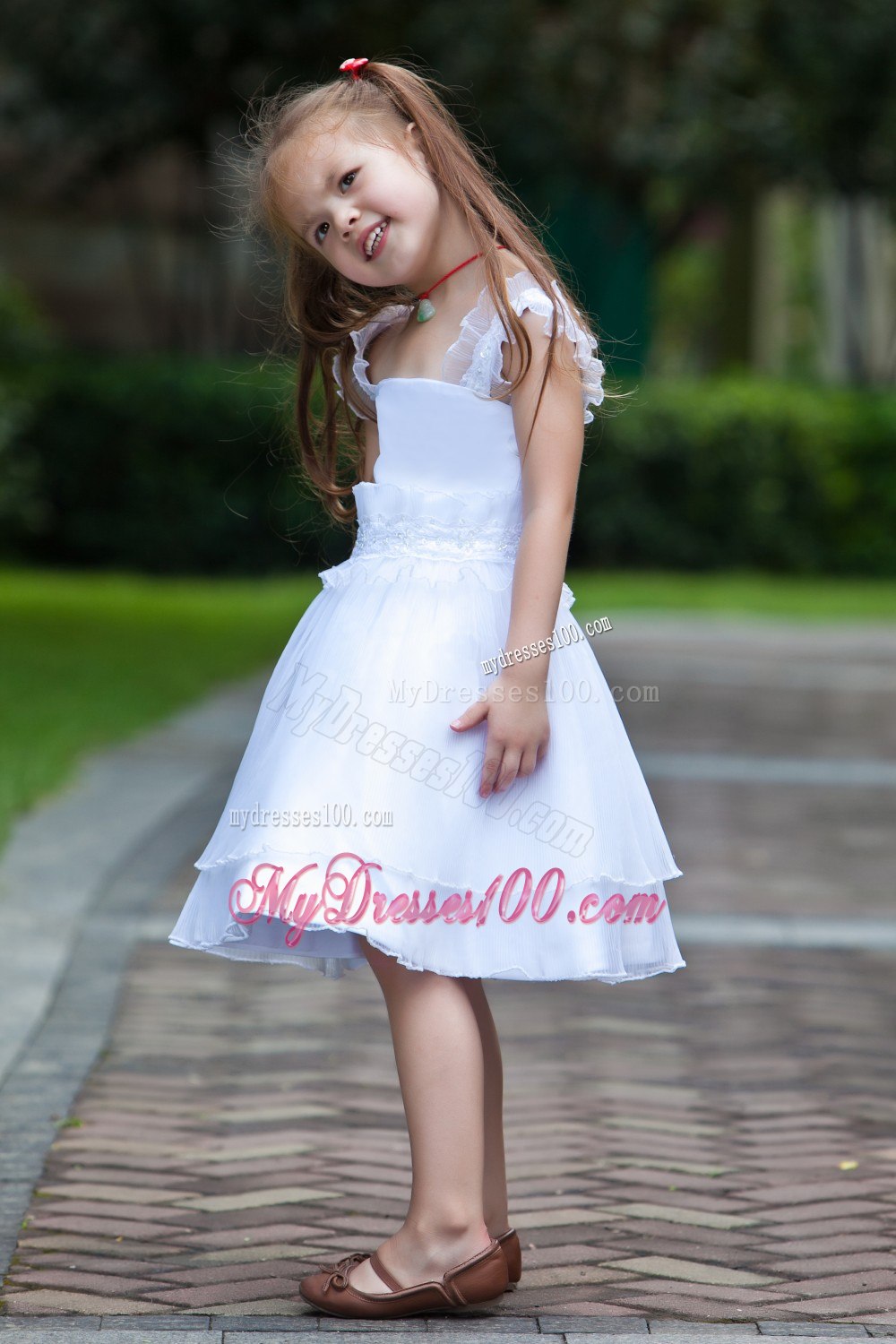 White Column / Sheath Straps Knee-length Taffeta and Organza Beading and Ruffles Flower Girl Dress
