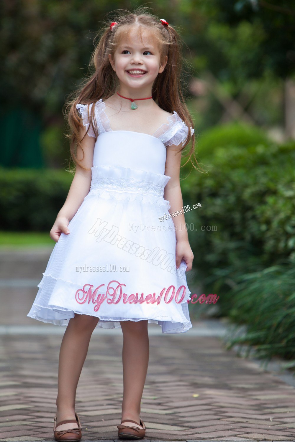White Column / Sheath Straps Knee-length Taffeta and Organza Beading and Ruffles Flower Girl Dress
