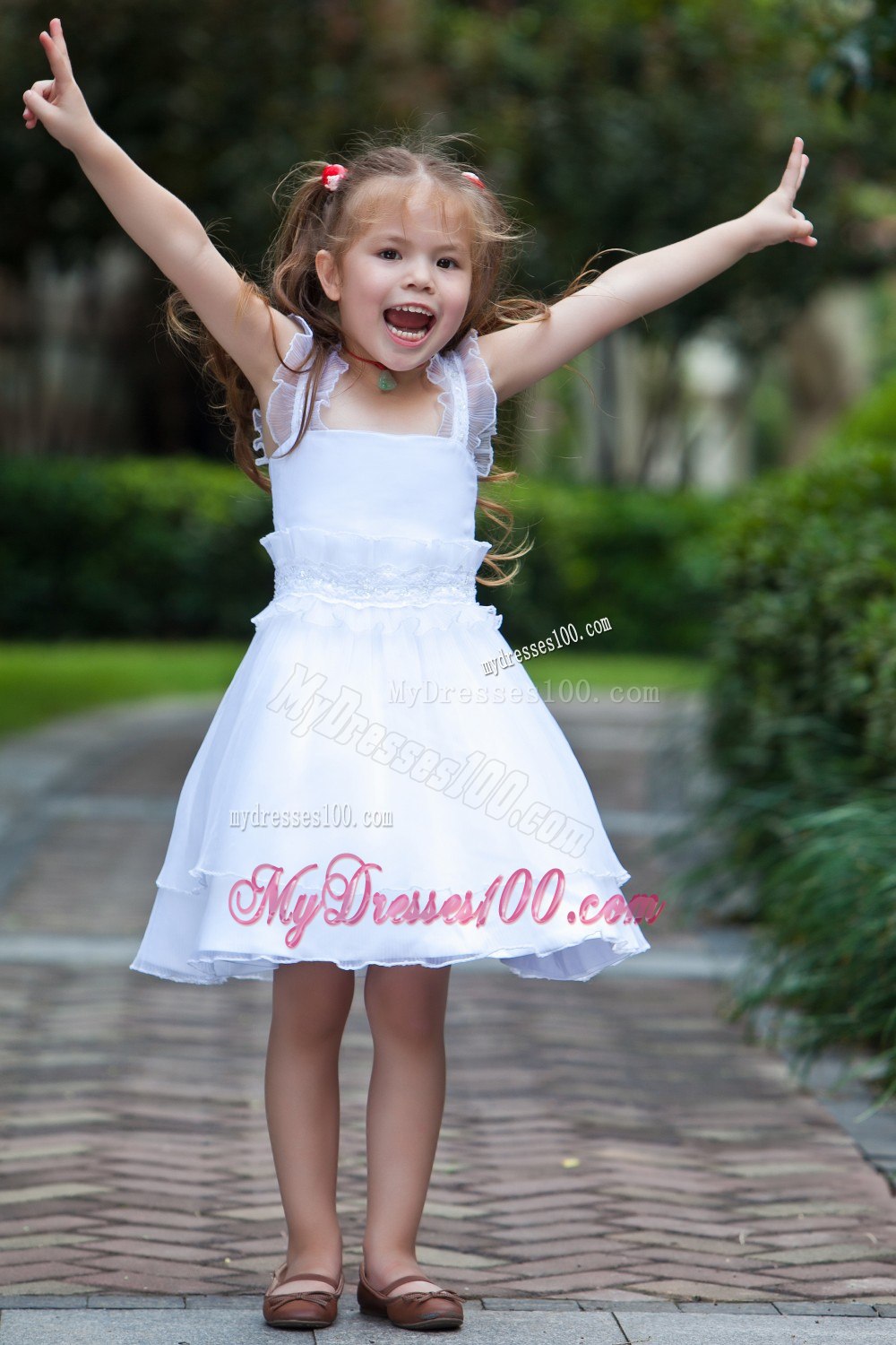 White Column / Sheath Straps Knee-length Taffeta and Organza Beading and Ruffles Flower Girl Dress