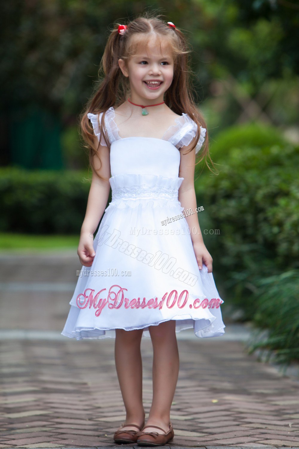 White Column / Sheath Straps Knee-length Taffeta and Organza Beading and Ruffles Flower Girl Dress