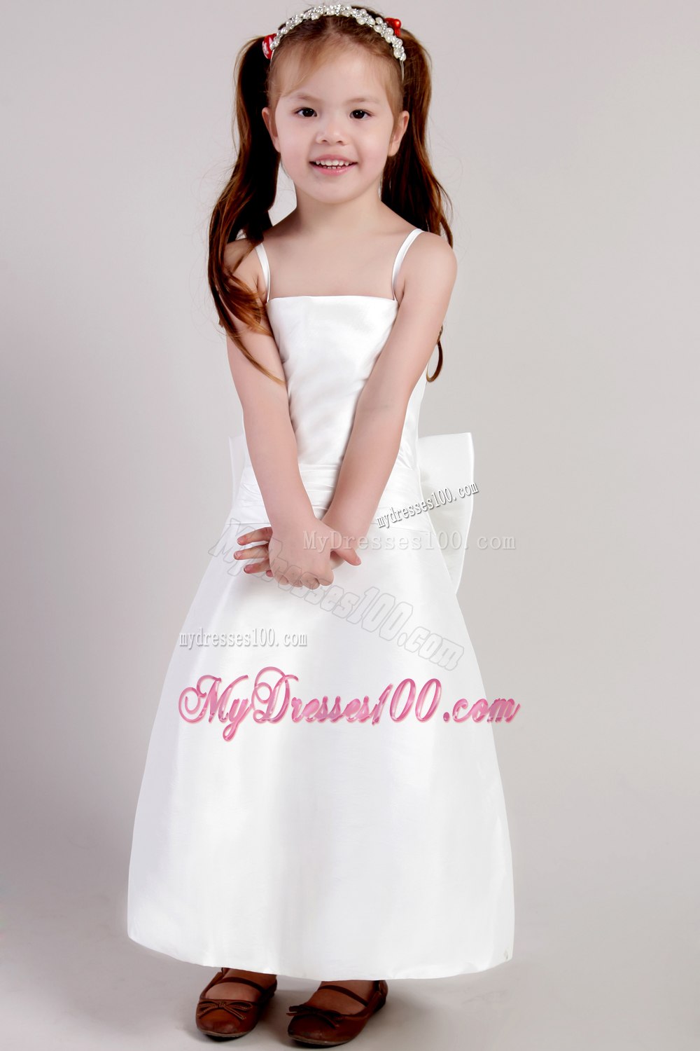White Column Straps Ankle-length Satin Bowknot Little Girl Dress