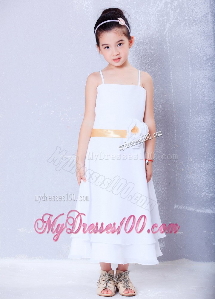 White Empire Straps Ankle-length Flower Girl Dress Chiffon Hand Made Flower