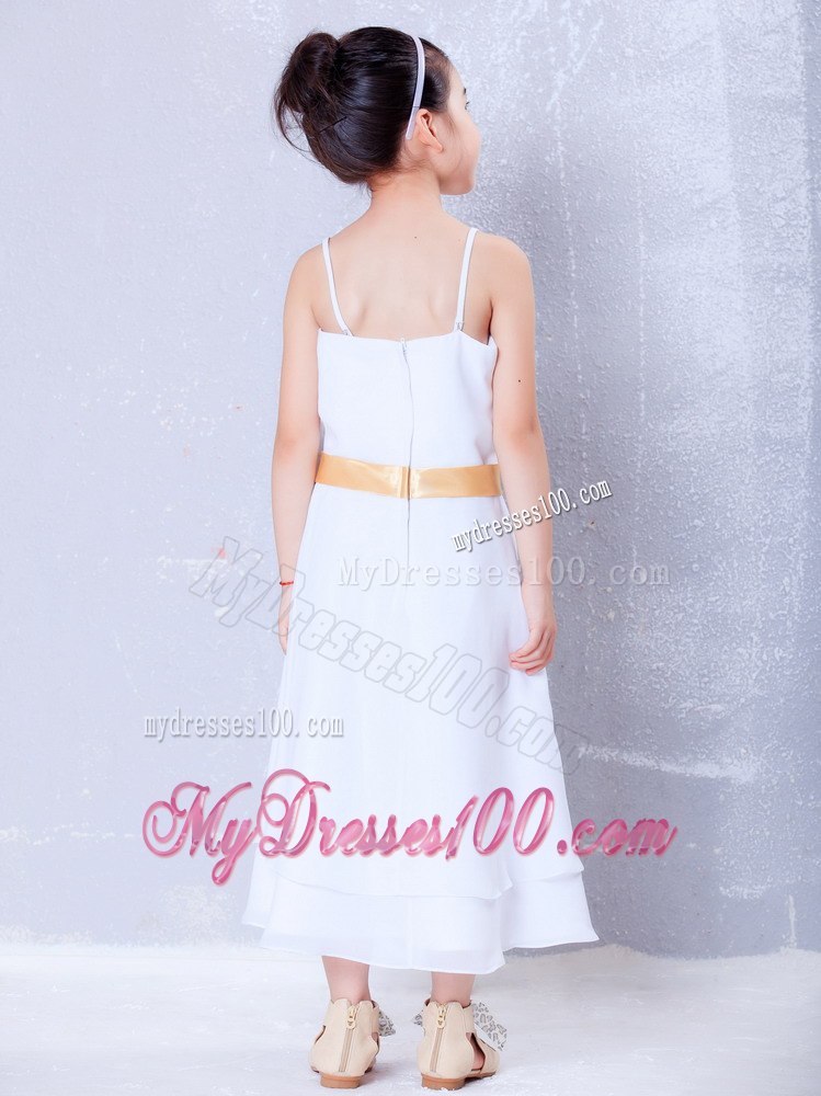 White Empire Straps Ankle-length Flower Girl Dress Chiffon Hand Made Flower