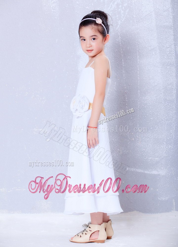 White Empire Straps Ankle-length Flower Girl Dress Chiffon Hand Made Flower