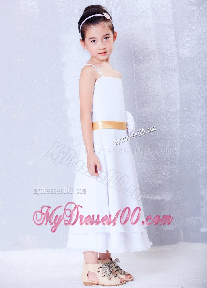 White Empire Straps Ankle-length Flower Girl Dress Chiffon Hand Made Flower