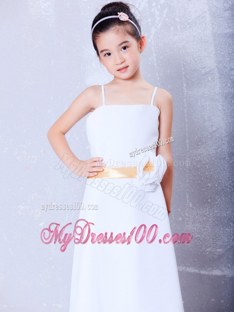 White Empire Straps Ankle-length Flower Girl Dress Chiffon Hand Made Flower
