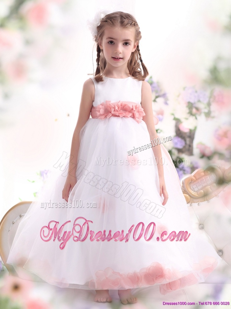 White Flower Girl Dress with Pink Waistband and Hand Made Flower