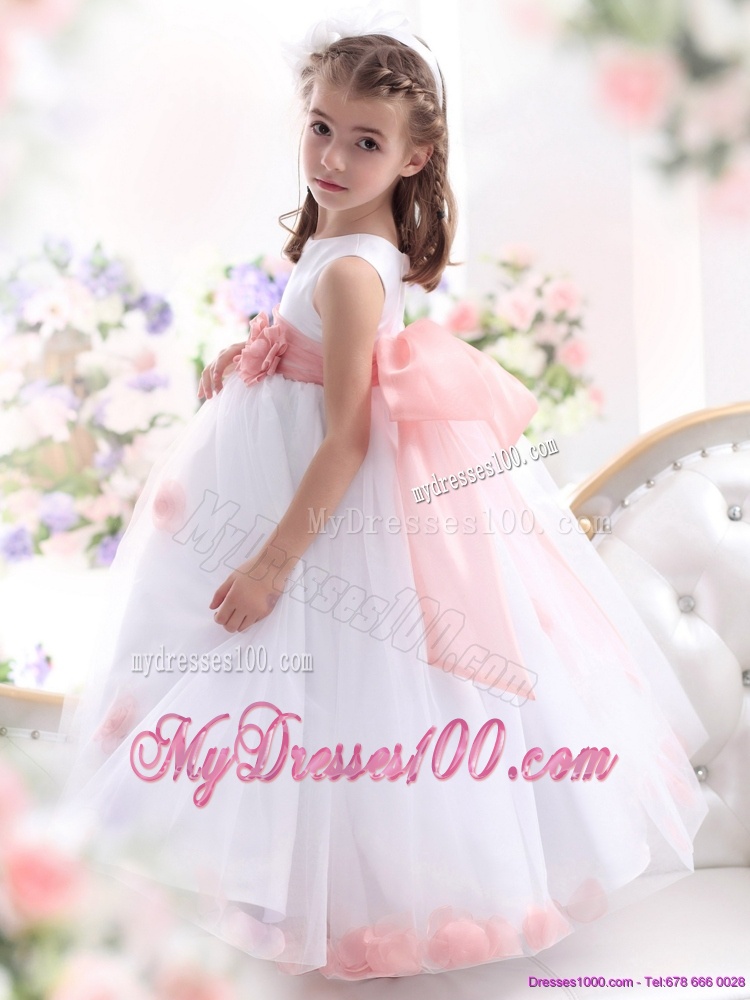 White Flower Girl Dress with Pink Waistband and Hand Made Flower