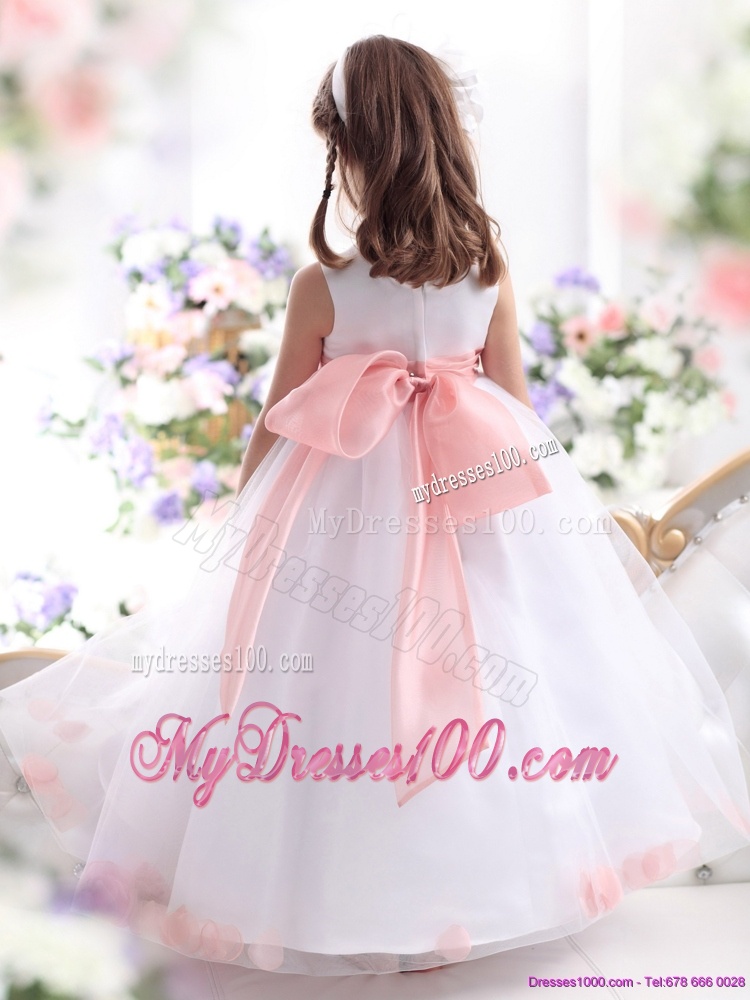 White Flower Girl Dress with Pink Waistband and Hand Made Flower
