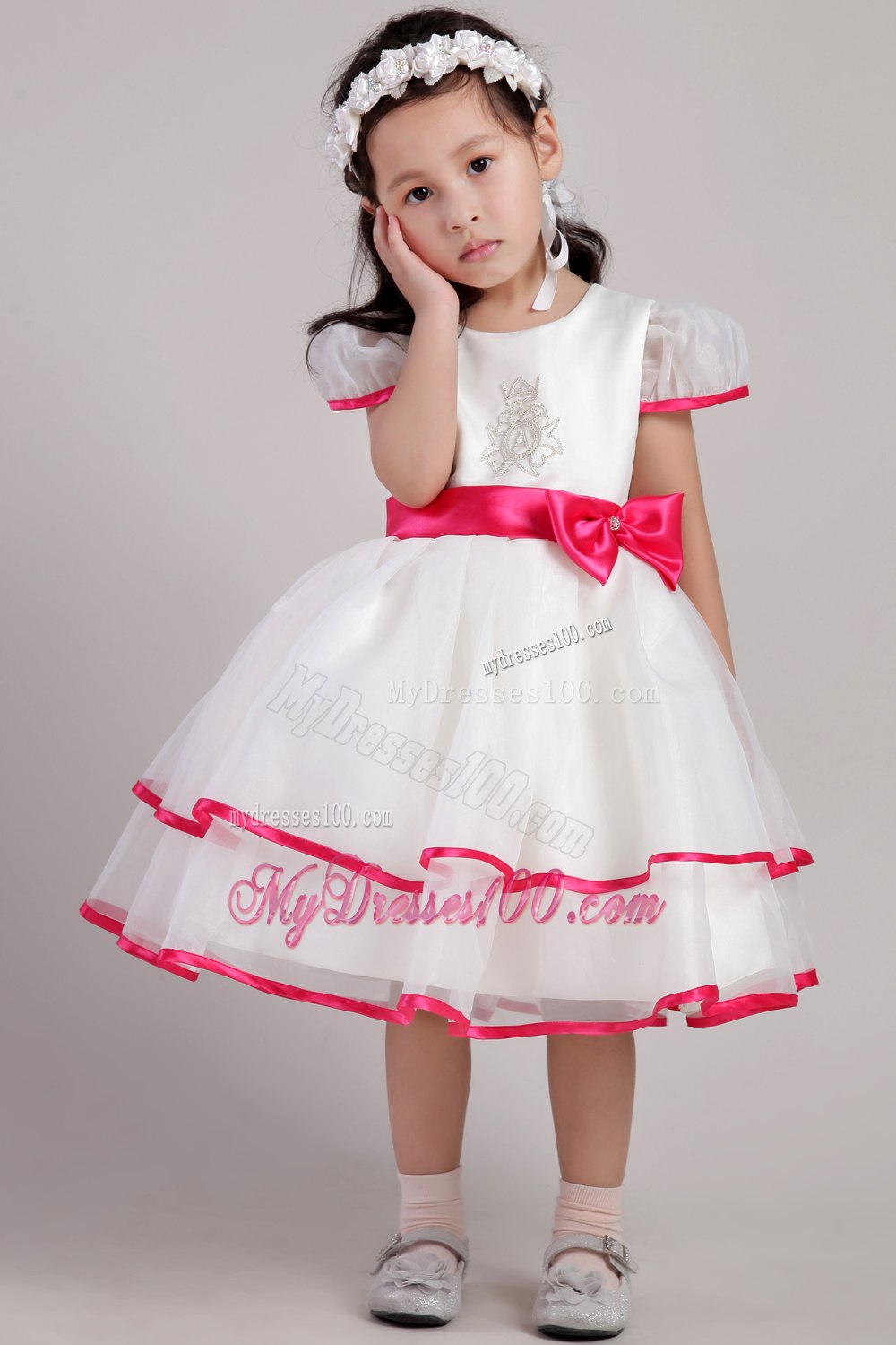 White Princess Scoop Tea-length Organza Beading and Bowknot Little Girl Dress