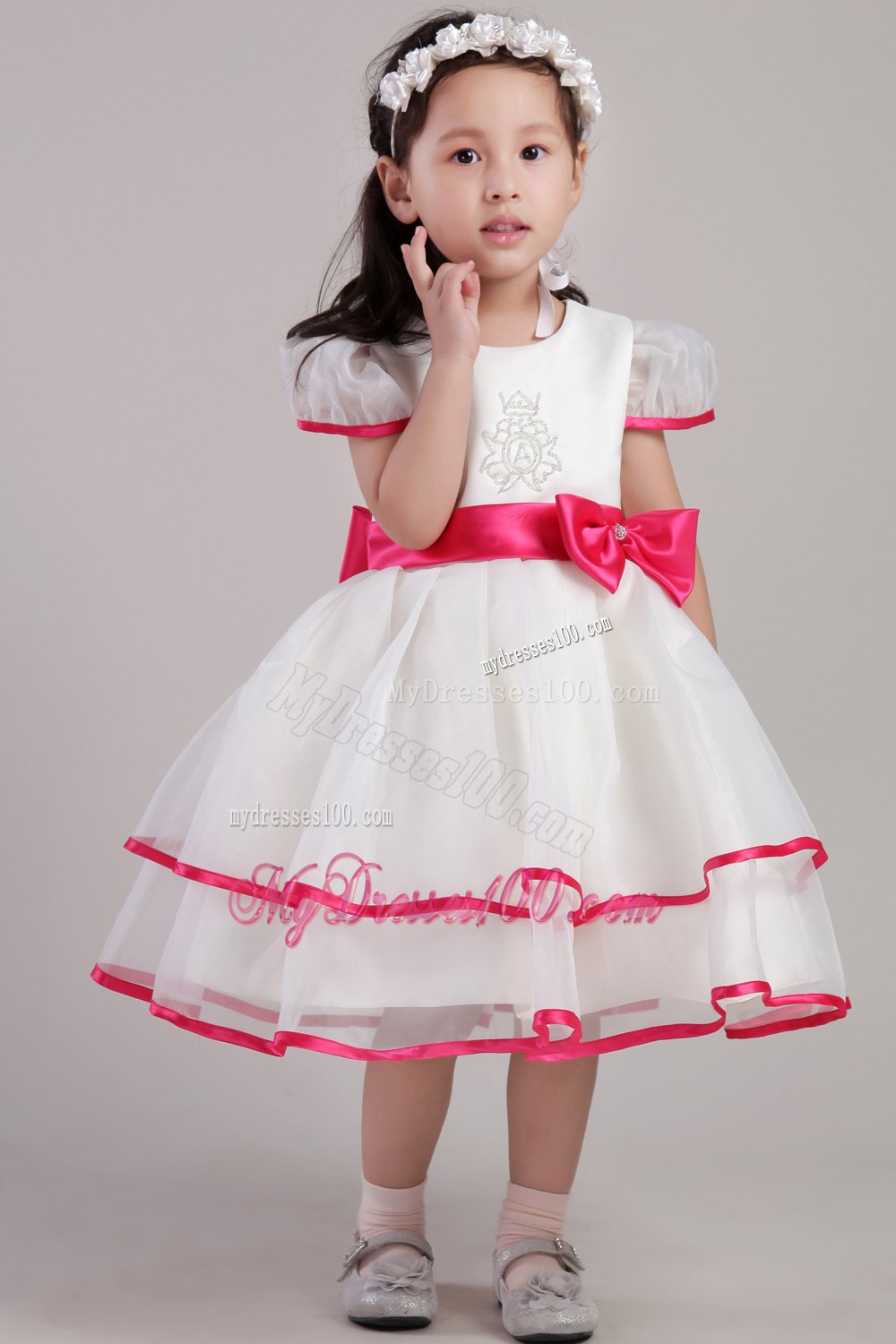 White Princess Scoop Tea-length Organza Beading and Bowknot Little Girl Dress