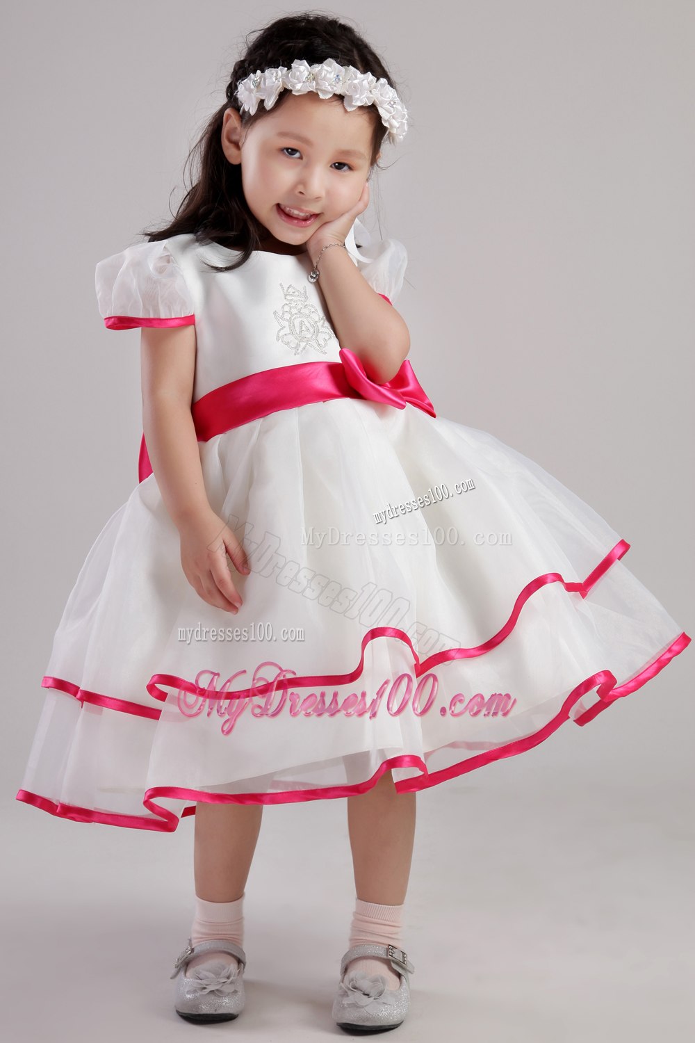 White Princess Scoop Tea-length Organza Beading and Bowknot Little Girl Dress