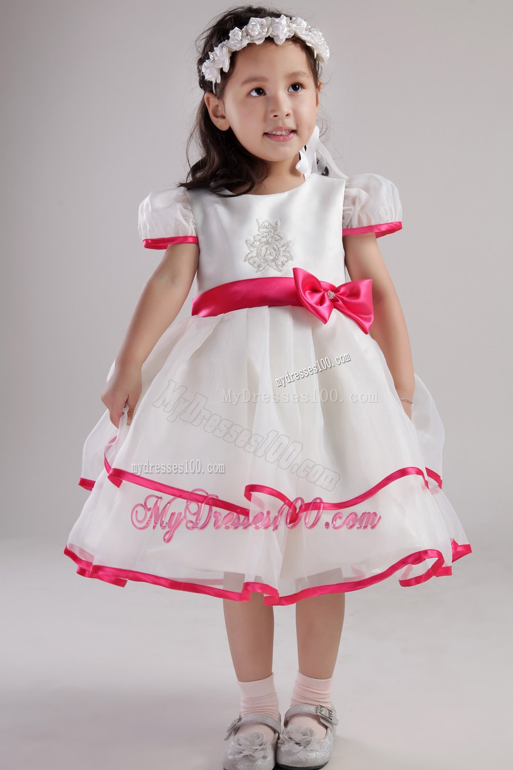 White Princess Scoop Tea-length Organza Beading and Bowknot Little Girl Dress
