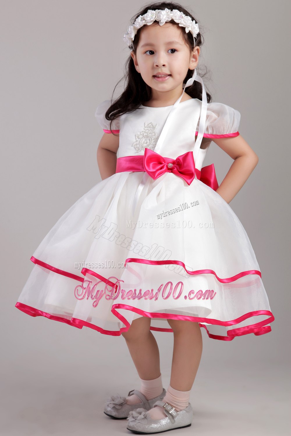 White Princess Scoop Tea-length Organza Beading and Bowknot Little Girl Dress
