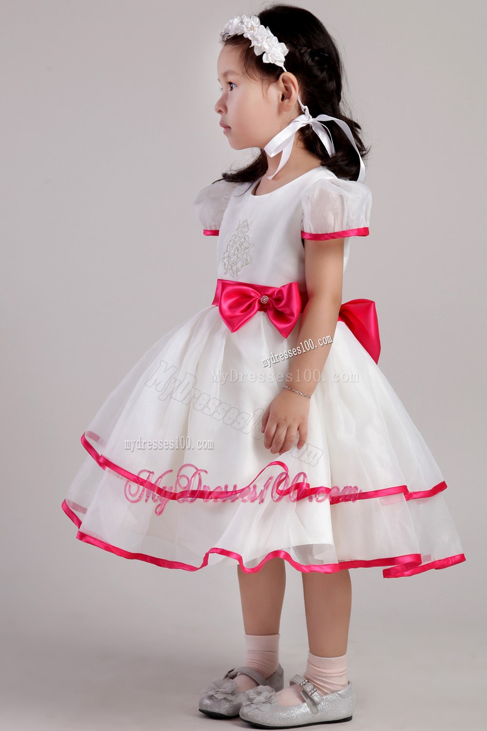 White Princess Scoop Tea-length Organza Beading and Bowknot Little Girl Dress