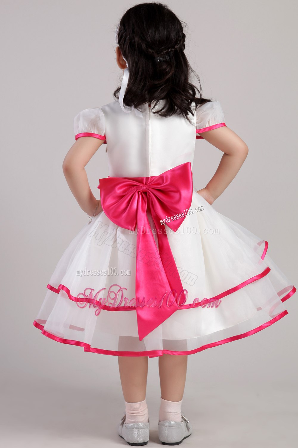White Princess Scoop Tea-length Organza Beading and Bowknot Little Girl Dress