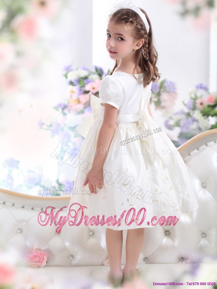 White Scoop 2016 Flower Girl Dress with Bowknot and Cap Sleeves