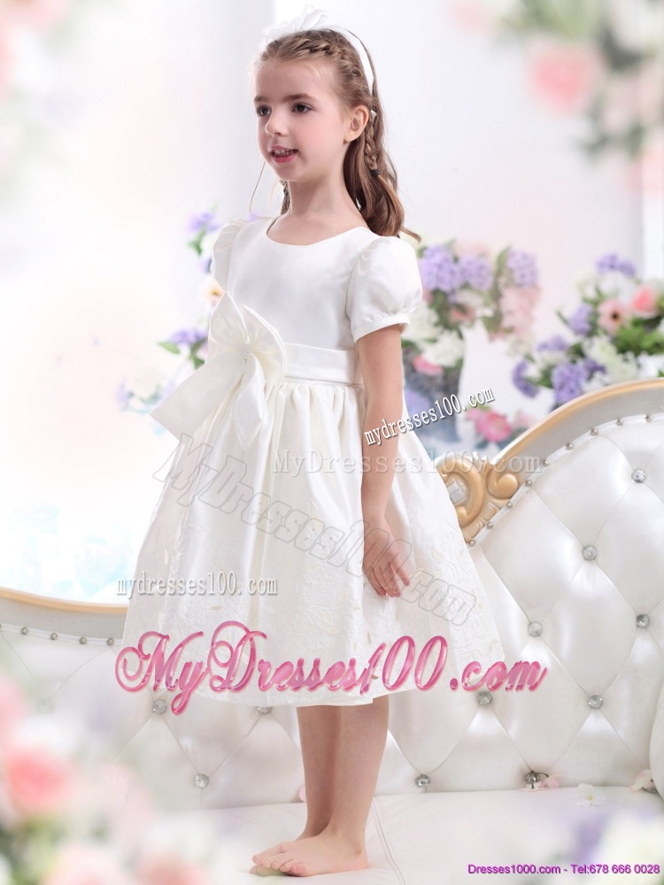 White Scoop 2016 Flower Girl Dress with Bowknot and Cap Sleeves