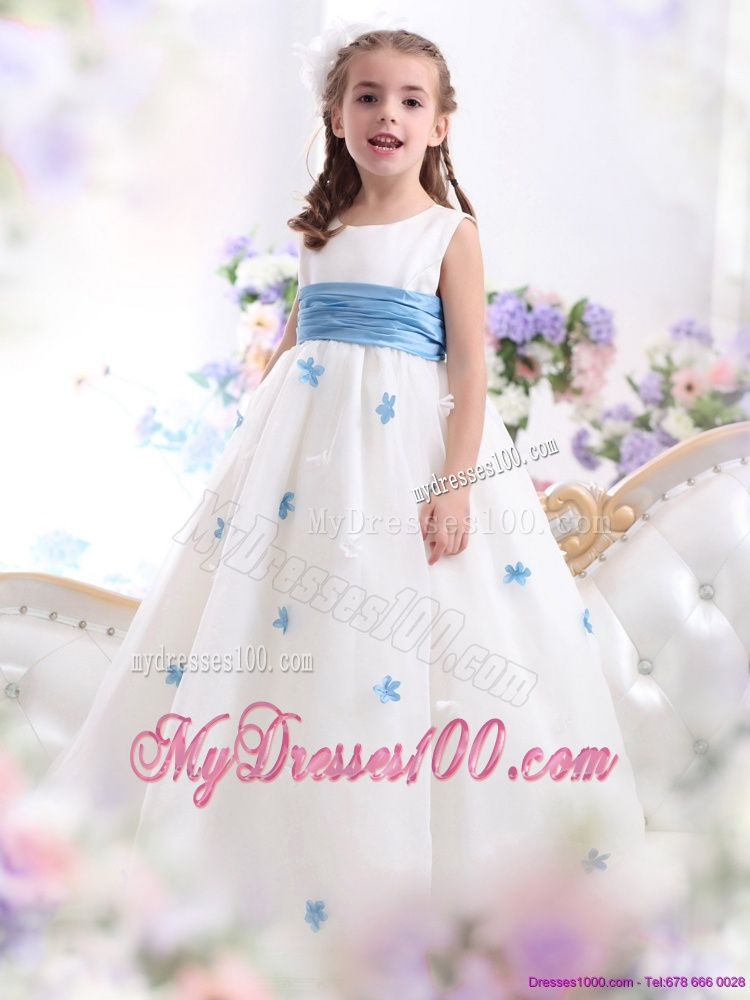 White Scoop Flower Girl Dress with Baby Blue Waistband and Appliques